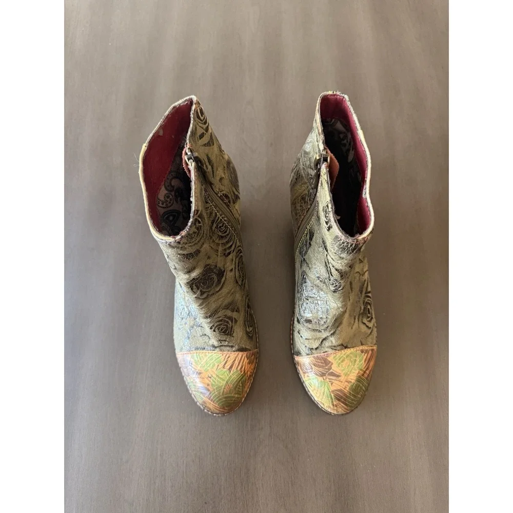 Spring Step L'Artiste Waterlily  Leather Boots Ankle Green Brown Floral S 7 - Picture 4 of 16